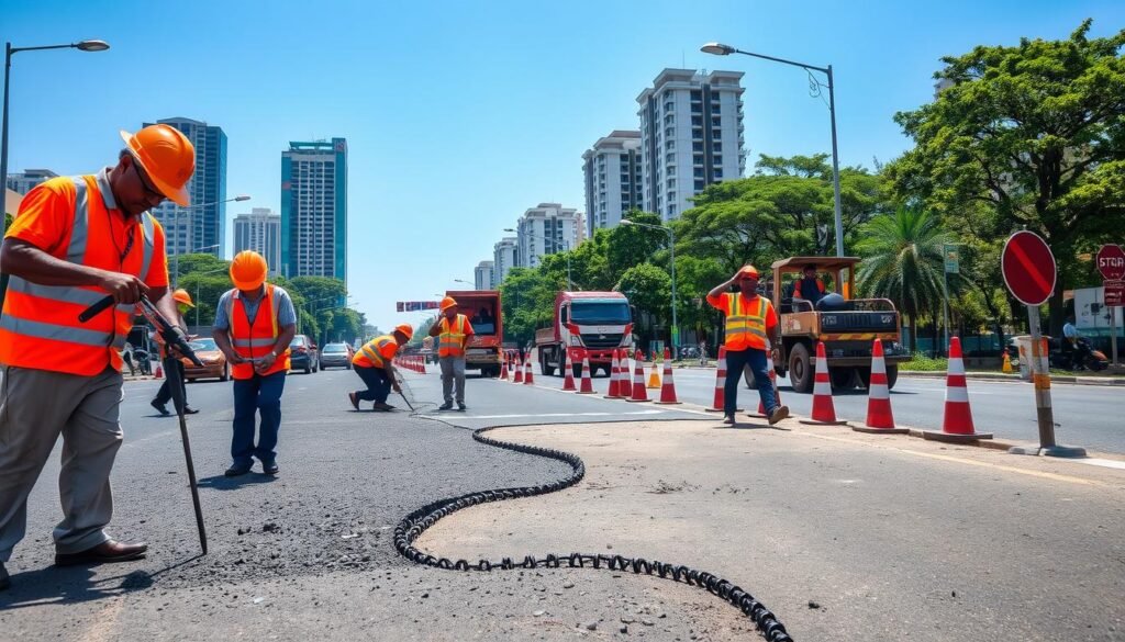 A busy street scene depicting the ongoing road repair work at Simpang Kantor Medan. In the foreground, workers wearing orange safety vests and hard hats are seen using construction tools, like jackhammers and asphalt compactors, diligently fixing the damaged road. The middle ground features construction vehicles, including a lined-up asphalt truck and road rollers, while traffic cones and caution signs mark the area. In the background, a clear blue sky contrasts the urban landscape of Medan, showcasing tall buildings and trees lining the street. The lighting is bright, illuminating the scene to create a productive atmosphere. The perspective is slightly elevated, capturing the scope of the repair work in a bustling, industrious mood.