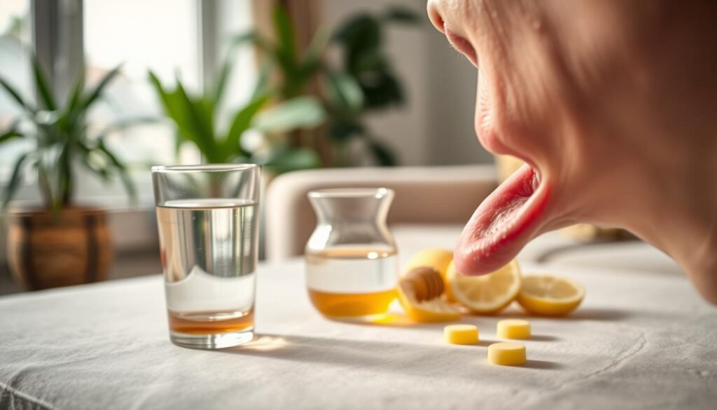 A close-up shot of a human throat is depicted in the foreground, with a subtle focus on the inflamed areas to illustrate the causes of a sore throat when swallowing. The middle ground features various common irritants, such as a glass of water, honey, lemon slices, and lozenges, arranged neatly on a soft, blurred table surface. In the background, there is a softly lit room with a comforting atmosphere, adorned with plants and warm tones, creating a sense of tranquility. The lighting is natural, enhancing details of the throat's texture and the items surrounding it, conveying a calm yet informative mood. Use a shallow depth of field to emphasize the throat while keeping the background soft and inviting. A close-up shot of a human throat is depicted in the foreground, with a subtle focus on the inflamed areas to illustrate the causes of a sore throat when swallowing. The middle ground features various common irritants, such as a glass of water, honey, lemon slices, and lozenges, arranged neatly on a soft, blurred table surface. In the background, there is a softly lit room with a comforting atmosphere, adorned with plants and warm tones, creating a sense of tranquility. The lighting is natural, enhancing details of the throat's texture and the items surrounding it, conveying a calm yet informative mood. Use a shallow depth of field to emphasize the throat while keeping the background soft and inviting.