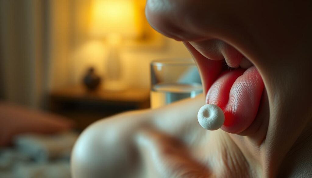 A close-up view of a human throat illustrating symptoms of throat pain, featuring an anatomically accurate depiction of a throat with inflamed tonsils. In the foreground, include subtle visuals of redness and swelling around the throat area, using soft, warm lighting to evoke a sense of discomfort. In the middle ground, represent an over-the-counter throat lozenge and a glass of water, suggesting remedies for throat pain. The background should be softly blurred, hinting at a cozy, dimly lit room to create an intimate and relatable atmosphere. Capture the mood of concern and vulnerability without overt emotional expressions; the focus remains on the anatomical details and suggested home remedies. Use a shallow depth of field to emphasize the throat symptoms and remedies in a professional and clear manner. A close-up view of a human throat illustrating symptoms of throat pain, featuring an anatomically accurate depiction of a throat with inflamed tonsils. In the foreground, include subtle visuals of redness and swelling around the throat area, using soft, warm lighting to evoke a sense of discomfort. In the middle ground, represent an over-the-counter throat lozenge and a glass of water, suggesting remedies for throat pain. The background should be softly blurred, hinting at a cozy, dimly lit room to create an intimate and relatable atmosphere. Capture the mood of concern and vulnerability without overt emotional expressions; the focus remains on the anatomical details and suggested home remedies. Use a shallow depth of field to emphasize the throat symptoms and remedies in a professional and clear manner.