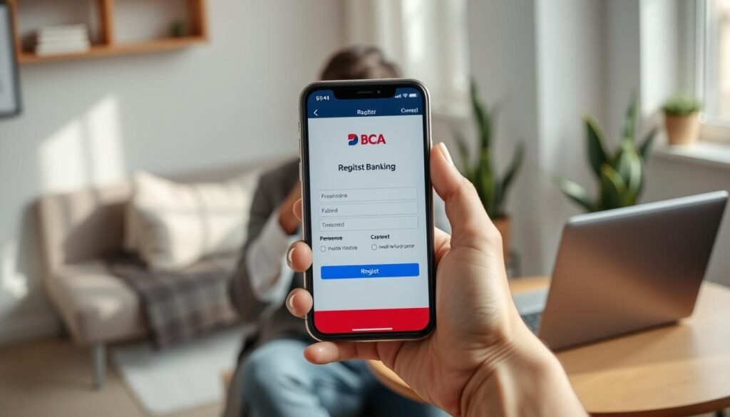 A close-up view of a modern mobile banking application interface on a smartphone, displayed in a well-lit indoor setting. The foreground features a hand holding the phone, showcasing a clear registration screen with fields for entering personal information and a stylish logo of BCA. In the middle, a professional-looking individual, dressed in smart casual attire, is focused on the phone, embodying an atmosphere of ease and convenience. The background reveals a cozy workspace with a laptop, a cup of coffee, and potted plants, enhancing the feeling of a relaxed yet productive environment. Soft natural lighting filters through a nearby window, creating an inviting and serene mood. The overall composition should emphasize the theme of mobile banking and user engagement without any text or distractions.