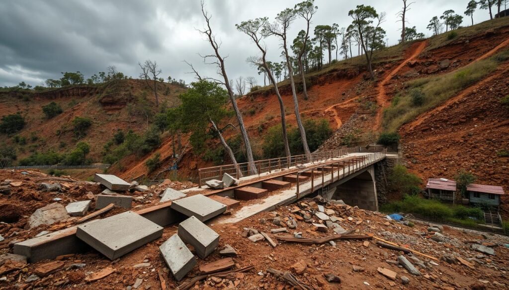 A collapsed bridge due to a landslide, set in a rural landscape. In the foreground, fragmented concrete and rusted steel beams of the bridge lie scattered, with dirt and debris strewn across the scene. In the middle ground, partially destroyed trees lean precariously, their roots exposed from the soil's erosion. The background shows steep, unstable hillsides with loose soil and rocks cascading down, under a cloudy sky that suggests an impending storm. The lighting is dramatic, with a slight overcast that casts soft shadows, enhancing the chaos of the scene. The atmosphere is somber, highlighting the danger of landslides and their impact on transportation infrastructure. No humans are present, focusing solely on the natural disaster and its effects.