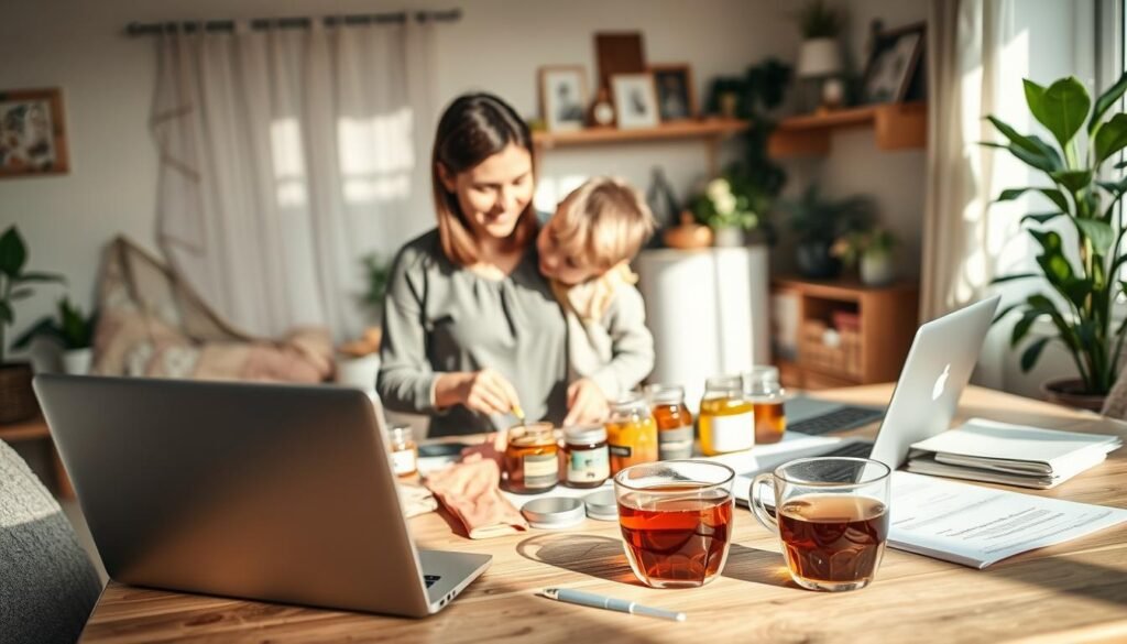 A cozy home office scene showcasing a family business atmosphere. In the foreground, a mother in modest casual clothing speaks to her young child, who is helping organize handmade products on a table filled with materials like fabric, jars, and colorful labels. In the middle ground, a laptop displays business plans, alongside a cup of herbal tea, symbolizing a blend of work and comfort. The background includes a well-organized space with plants and family photos, creating a warm, inviting environment. Soft, natural light streams in from a window, casting gentle shadows that enhance the homey feel. The mood is encouraging and supportive, capturing the spirit of family entrepreneurship in a tranquil setting. A cozy home office scene showcasing a family business atmosphere. In the foreground, a mother in modest casual clothing speaks to her young child, who is helping organize handmade products on a table filled with materials like fabric, jars, and colorful labels. In the middle ground, a laptop displays business plans, alongside a cup of herbal tea, symbolizing a blend of work and comfort. The background includes a well-organized space with plants and family photos, creating a warm, inviting environment. Soft, natural light streams in from a window, casting gentle shadows that enhance the homey feel. The mood is encouraging and supportive, capturing the spirit of family entrepreneurship in a tranquil setting.