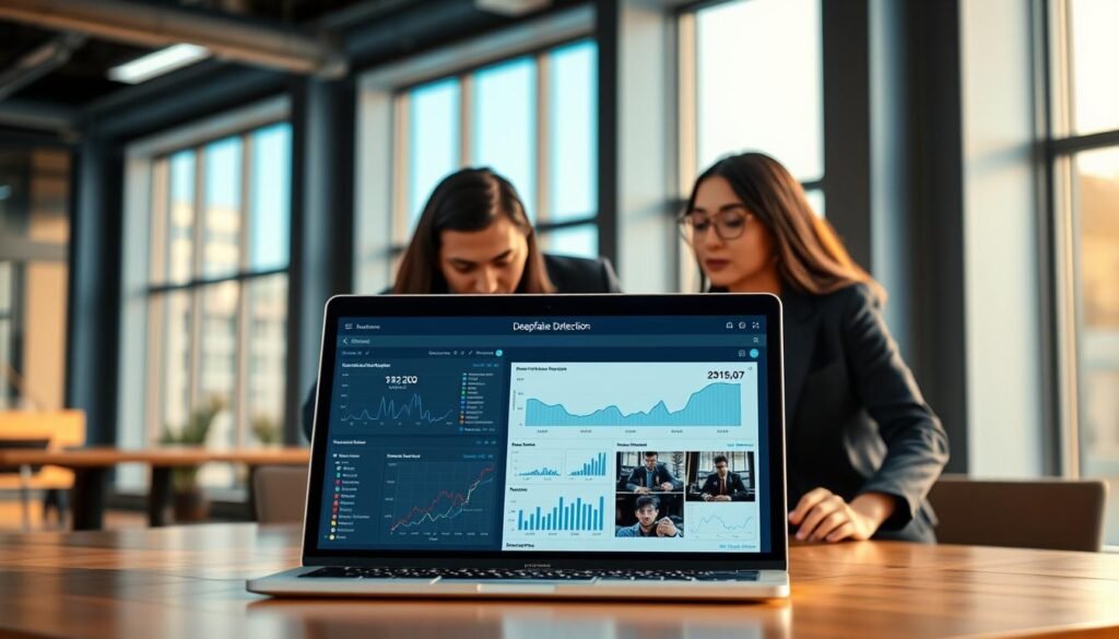 A digital workspace featuring a professional man and woman analyzing a deepfake detection tool on a laptop screen. In the foreground, the laptop displays a complex interface with graphs and images indicating deepfake detection metrics. The middle layer includes the diverse pair, dressed in smart business attire, focused on their screen, highlighting collaboration. The background showcases a modern office setting with large windows letting in soft natural light, creating a productive and innovative atmosphere. The color palette is warm, with an emphasis on blues and greens for a tech feel. The overall mood conveys professionalism, teamwork, and the importance of combating digital misinformation through advanced technology. A digital workspace featuring a professional man and woman analyzing a deepfake detection tool on a laptop screen. In the foreground, the laptop displays a complex interface with graphs and images indicating deepfake detection metrics. The middle layer includes the diverse pair, dressed in smart business attire, focused on their screen, highlighting collaboration. The background showcases a modern office setting with large windows letting in soft natural light, creating a productive and innovative atmosphere. The color palette is warm, with an emphasis on blues and greens for a tech feel. The overall mood conveys professionalism, teamwork, and the importance of combating digital misinformation through advanced technology.