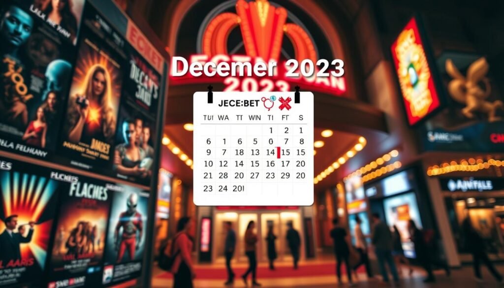 A dynamic movie release schedule for December 2025, prominently featuring an elegant calendar design. In the foreground, a visually appealing layout showcases film posters of the latest blockbusters with vibrant colors and captivating visuals. The middle layer reveals a stylized calendar, marked with dates indicating film release days, adorned with graphics of cinema film reels and popcorn. In the background, a softly blurred image of a modern cinema facade with bright neon lights and bustling moviegoers creates a lively atmosphere, illuminated with warm lighting to evoke excitement. The overall mood is energetic and anticipatory, inviting viewers to look forward to the upcoming films. Use a wide-angle lens perspective to encompass the entire scene, ensuring a professional finish without any text or overlays. A dynamic movie release schedule for December 2025, prominently featuring an elegant calendar design. In the foreground, a visually appealing layout showcases film posters of the latest blockbusters with vibrant colors and captivating visuals. The middle layer reveals a stylized calendar, marked with dates indicating film release days, adorned with graphics of cinema film reels and popcorn. In the background, a softly blurred image of a modern cinema facade with bright neon lights and bustling moviegoers creates a lively atmosphere, illuminated with warm lighting to evoke excitement. The overall mood is energetic and anticipatory, inviting viewers to look forward to the upcoming films. Use a wide-angle lens perspective to encompass the entire scene, ensuring a professional finish without any text or overlays.