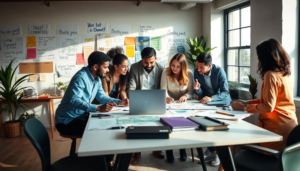 A dynamic workspace scene showcasing the preparation for a creative business startup. In the foreground, a diverse group of three professionals, dressed in smart casual attire, collaborate around a modern table filled with colorful sketches, a laptop, and brainstorming materials. The middle ground features a wall covered in inspirational quotes and concept boards, while a large window in the background lets in natural light, creating an uplifting atmosphere. Soft shadows hint at a warm, encouraging setting. Use a wide-angle lens to capture the entirety of this vibrant workspace, emphasizing teamwork and innovation, while ensuring the focus stays on the preparation process for a creative business endeavor. A dynamic workspace scene showcasing the preparation for a creative business startup. In the foreground, a diverse group of three professionals, dressed in smart casual attire, collaborate around a modern table filled with colorful sketches, a laptop, and brainstorming materials. The middle ground features a wall covered in inspirational quotes and concept boards, while a large window in the background lets in natural light, creating an uplifting atmosphere. Soft shadows hint at a warm, encouraging setting. Use a wide-angle lens to capture the entirety of this vibrant workspace, emphasizing teamwork and innovation, while ensuring the focus stays on the preparation process for a creative business endeavor.