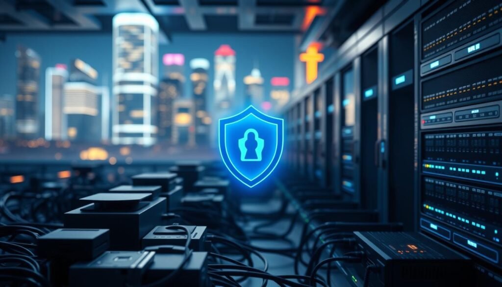 A futuristic data center representing edge computing, showcasing a range of interconnected devices like sensors, routers, and servers in the foreground. In the middle, include a stylized digital shield symbolizing data security, glowing softly with a blue aura. The background features a city skyline with vibrant neon lights, symbolizing modern technology integration. The scene is bathed in cool, ambient lighting to enhance the high-tech atmosphere, with a slight depth of field focusing on the shield. Capture the mood of innovation and security, emphasizing the importance of data privacy. The image should exclude any human figures to maintain a professional and technical focus.