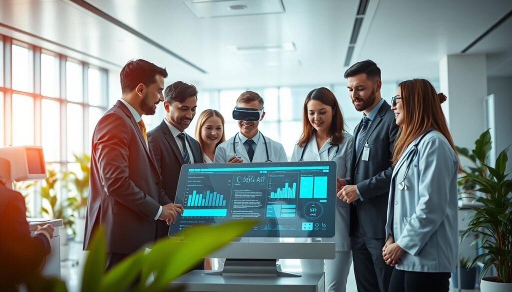 A futuristic healthcare setting showcasing the transformation of health services through technology. In the foreground, a diverse group of healthcare professionals dressed in smart business attire collaborates around a high-tech digital interface displaying patient data and health analytics. The middle ground features advanced medical equipment and virtual reality tools being used in patient care. In the background, a bright, modern hospital environment with large windows allowing natural light to flood in, and green plants promoting a healthy atmosphere. The image conveys a sense of innovation, teamwork, and progress, illuminated by soft, warm lighting that emphasizes a welcoming mood. Capture this scene from a slightly elevated angle to provide a comprehensive view of the technological advancements in healthcare. A futuristic healthcare setting showcasing the transformation of health services through technology. In the foreground, a diverse group of healthcare professionals dressed in smart business attire collaborates around a high-tech digital interface displaying patient data and health analytics. The middle ground features advanced medical equipment and virtual reality tools being used in patient care. In the background, a bright, modern hospital environment with large windows allowing natural light to flood in, and green plants promoting a healthy atmosphere. The image conveys a sense of innovation, teamwork, and progress, illuminated by soft, warm lighting that emphasizes a welcoming mood. Capture this scene from a slightly elevated angle to provide a comprehensive view of the technological advancements in healthcare.