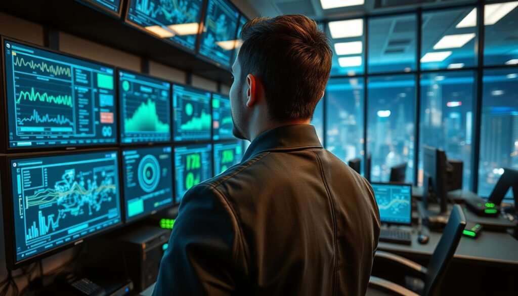 A high-tech control room filled with multiple monitors displaying network performance metrics and bandwidth graphs. In the foreground, a professional technician in smart attire analyzes data on a large touchscreen interface, showing a detailed map of network connections and data flow. In the middle ground, various routers and networking equipment are visible, subtly illuminated by soft blue and green LED lights, suggesting a dynamic and optimized network environment. The background features a sleek and modern design with glass walls, allowing a glimpse of a bustling cityscape through the windows, hinting at the importance of connectivity. The overall mood is focused and innovative, conveying a sense of urgency and expertise in improving network performance for smooth gaming experiences. The lighting is bright yet professional, enhancing the atmosphere of a high-stakes tech workspace. A high-tech control room filled with multiple monitors displaying network performance metrics and bandwidth graphs. In the foreground, a professional technician in smart attire analyzes data on a large touchscreen interface, showing a detailed map of network connections and data flow. In the middle ground, various routers and networking equipment are visible, subtly illuminated by soft blue and green LED lights, suggesting a dynamic and optimized network environment. The background features a sleek and modern design with glass walls, allowing a glimpse of a bustling cityscape through the windows, hinting at the importance of connectivity. The overall mood is focused and innovative, conveying a sense of urgency and expertise in improving network performance for smooth gaming experiences. The lighting is bright yet professional, enhancing the atmosphere of a high-stakes tech workspace.