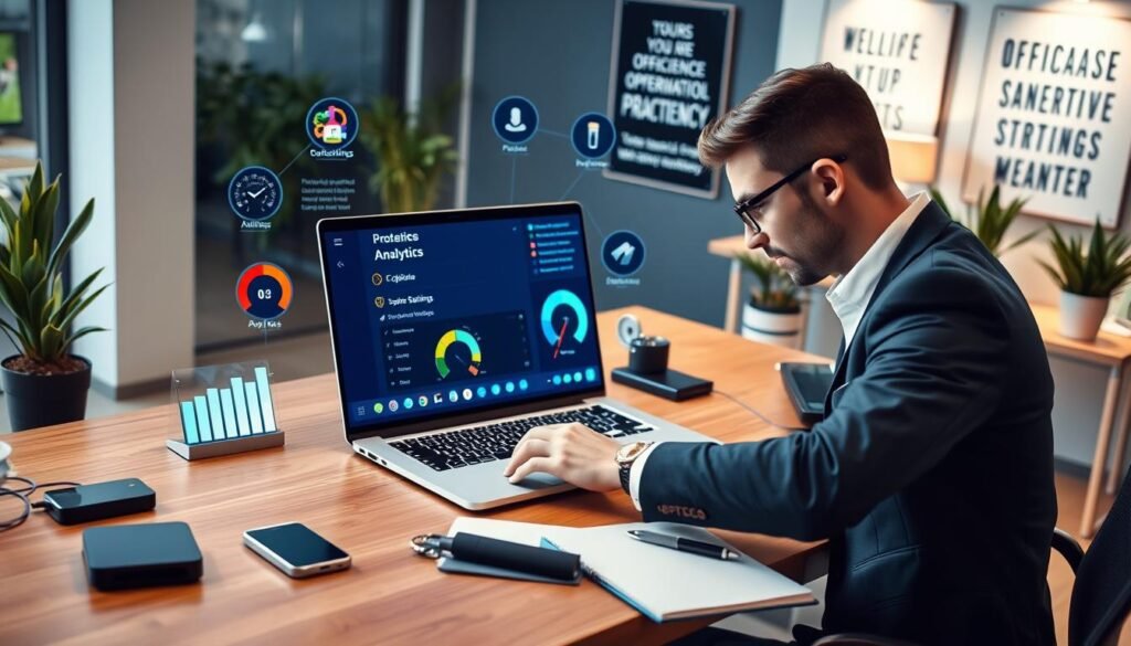 A modern laptop on a sleek wooden desk, surrounded by various optimization tools such as performance analytics graphs, system settings icons, and speedometer dials, all luminescent on the screen. The foreground features a focused professional in business attire, intently studying system settings on the laptop, with a notepad and pen beside them. The middle ground includes strategically placed tech gadgets like an external hard drive and a USB stick, while the background displays a softly lit, modern office space with potted plants and motivational posters about efficiency. The lighting is bright, creating a clean and energetic atmosphere, captured from a slight overhead angle to emphasize the details of the desk setup. The overall mood is productive and tech-savvy, showcasing effective optimization of operating system settings.