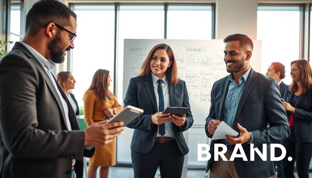 A modern office setting showcasing a diverse group of professionals collaborating to build a credible brand. In the foreground, a confident woman in professional business attire presents ideas on a digital tablet, while a man beside her takes notes, embodying teamwork and innovation. In the middle ground, a whiteboard filled with branding strategies and sketches reflects creativity. The background features large windows that allow natural light to stream in, casting soft shadows, promoting a vibrant and dynamic atmosphere. The color palette combines warm tones with blue accents for a professional yet inviting feel. The composition emphasizes focus, collaboration, and professionalism, inviting viewers to associate the scene with trust and credibility in business branding. A modern office setting showcasing a diverse group of professionals collaborating to build a credible brand. In the foreground, a confident woman in professional business attire presents ideas on a digital tablet, while a man beside her takes notes, embodying teamwork and innovation. In the middle ground, a whiteboard filled with branding strategies and sketches reflects creativity. The background features large windows that allow natural light to stream in, casting soft shadows, promoting a vibrant and dynamic atmosphere. The color palette combines warm tones with blue accents for a professional yet inviting feel. The composition emphasizes focus, collaboration, and professionalism, inviting viewers to associate the scene with trust and credibility in business branding.