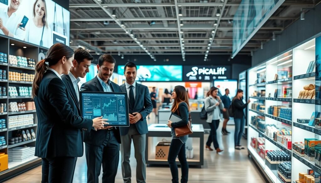 A modern retail environment showcasing edge computing technology in action. In the foreground, a diverse team of professionals dressed in smart business attire gathers around an interactive digital display, analyzing real-time customer data and inventory levels. The middle ground features sleek retail displays equipped with smart shelves and IoT devices, with products neatly arranged to capture consumer attention. In the background, a bustling store with customers engaged in shopping, and large digital screens displaying personalized advertisements. Soft, natural lighting highlights the innovative technology, creating a vibrant and forward-thinking atmosphere reminiscent of 2025. The perspective is slightly elevated, offering a comprehensive view of the retail space and its technological integration.