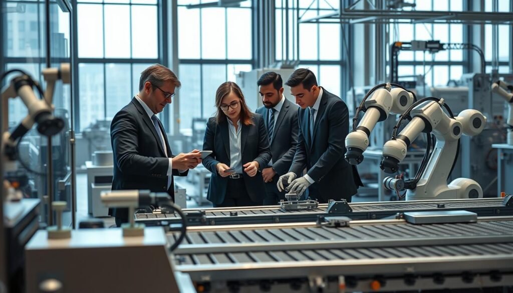 A modern smart factory interior, showcasing advanced automation and technology in action. In the foreground, a team of diverse professionals in business attire collaborates around a digital interface, analyzing real-time data and machine outputs. In the middle, robotic arms expertly assemble products on a high-tech production line, with conveyor belts and smart sensors visibly integrated. The background features large windows flooding the space with natural light, casting soft shadows and illuminating sleek, clean designs of machinery and equipment. A serene yet bustling atmosphere emphasizes innovation and efficiency. Use a wide-angle lens for depth, capturing the scale of the operation, with a focus on the interplay of technology and teamwork in this Industry 4.0 setting.
