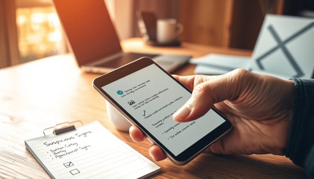 A modern smartphone resting on a wooden desk, partially illuminated by soft, warm daylight streaming in from a nearby window. In the foreground, a hand is holding the phone with a concerned expression, showcasing signs of battery drain, strange notifications, and app glitches on the screen. The middle ground features a notepad with a checklist titled "Suspicious Signs" alongside a cup of coffee. In the background, blurred outlines of everyday office items like a laptop and paperwork convey a busy workspace atmosphere. The image should evoke a sense of caution and curiosity, using clear and vibrant colors with a focus on the smartphone's screen details to emphasize the warning signs. A modern smartphone resting on a wooden desk, partially illuminated by soft, warm daylight streaming in from a nearby window. In the foreground, a hand is holding the phone with a concerned expression, showcasing signs of battery drain, strange notifications, and app glitches on the screen. The middle ground features a notepad with a checklist titled "Suspicious Signs" alongside a cup of coffee. In the background, blurred outlines of everyday office items like a laptop and paperwork convey a busy workspace atmosphere. The image should evoke a sense of caution and curiosity, using clear and vibrant colors with a focus on the smartphone's screen details to emphasize the warning signs.
