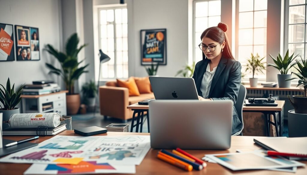 A modern workspace illustrating "jasa digital kreatif", featuring a young professional woman in smart casual attire, working on a laptop at a stylish desk cluttered with digital devices and design tools. In the foreground, vibrant sketches and colorful digital marketing designs can be seen. In the middle ground, a cozy seating area with plants and inspirational artwork enhances the creative atmosphere. The background shows a bright, well-lit room with large windows letting in natural light, casting soft shadows. The overall mood is energetic and innovative, reflecting a thriving digital creativity business environment. Capture this scene with a slightly elevated angle for depth and a warm color palette to evoke a sense of inspiration. A modern workspace illustrating "jasa digital kreatif", featuring a young professional woman in smart casual attire, working on a laptop at a stylish desk cluttered with digital devices and design tools. In the foreground, vibrant sketches and colorful digital marketing designs can be seen. In the middle ground, a cozy seating area with plants and inspirational artwork enhances the creative atmosphere. The background shows a bright, well-lit room with large windows letting in natural light, casting soft shadows. The overall mood is energetic and innovative, reflecting a thriving digital creativity business environment. Capture this scene with a slightly elevated angle for depth and a warm color palette to evoke a sense of inspiration.
