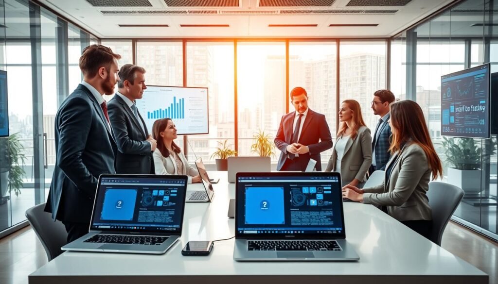 A professional workspace illustrating "Deepfake Detection Solutions" with a focus on selecting the right technology. In the foreground, a diverse group of business professionals in smart casual attire, engaged in discussion, surrounded by digital analysis tools and screens displaying graphs and deepfake detection algorithms. The middle ground features a modern conference table with laptops open, showcasing software interfaces related to deepfake detection. The background includes a sleek office with large windows, allowing soft, natural light to fill the space, creating an inspiring atmosphere. The overall mood is collaborative and innovative, emphasizing the seriousness of the topic while maintaining a sense of forward-thinking professionalism. A professional workspace illustrating "Deepfake Detection Solutions" with a focus on selecting the right technology. In the foreground, a diverse group of business professionals in smart casual attire, engaged in discussion, surrounded by digital analysis tools and screens displaying graphs and deepfake detection algorithms. The middle ground features a modern conference table with laptops open, showcasing software interfaces related to deepfake detection. The background includes a sleek office with large windows, allowing soft, natural light to fill the space, creating an inspiring atmosphere. The overall mood is collaborative and innovative, emphasizing the seriousness of the topic while maintaining a sense of forward-thinking professionalism.
