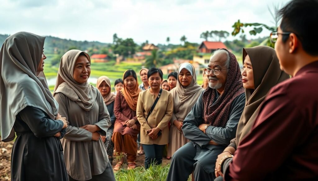 A serene yet thought-provoking scene illustrating mental health challenges in Indonesia. In the foreground, a diverse group of professionals in modest attire, including a female psychologist and a male therapist, discuss mental wellness strategies, displaying empathy and concern. In the middle ground, a variety of people representing different demographics, from young adults to elderly individuals, express a range of emotions, suggesting the widespread impact of mental health issues. The background features a tranquil Indonesian landscape, with lush greenery and traditional homes, symbolizing community support. Soft, warm lighting creates an inviting atmosphere, while a slight vignette emphasizes the focus on the people. The image captures a mood of hope and determination, reflecting the importance of addressing mental health in society. A serene yet thought-provoking scene illustrating mental health challenges in Indonesia. In the foreground, a diverse group of professionals in modest attire, including a female psychologist and a male therapist, discuss mental wellness strategies, displaying empathy and concern. In the middle ground, a variety of people representing different demographics, from young adults to elderly individuals, express a range of emotions, suggesting the widespread impact of mental health issues. The background features a tranquil Indonesian landscape, with lush greenery and traditional homes, symbolizing community support. Soft, warm lighting creates an inviting atmosphere, while a slight vignette emphasizes the focus on the people. The image captures a mood of hope and determination, reflecting the importance of addressing mental health in society.