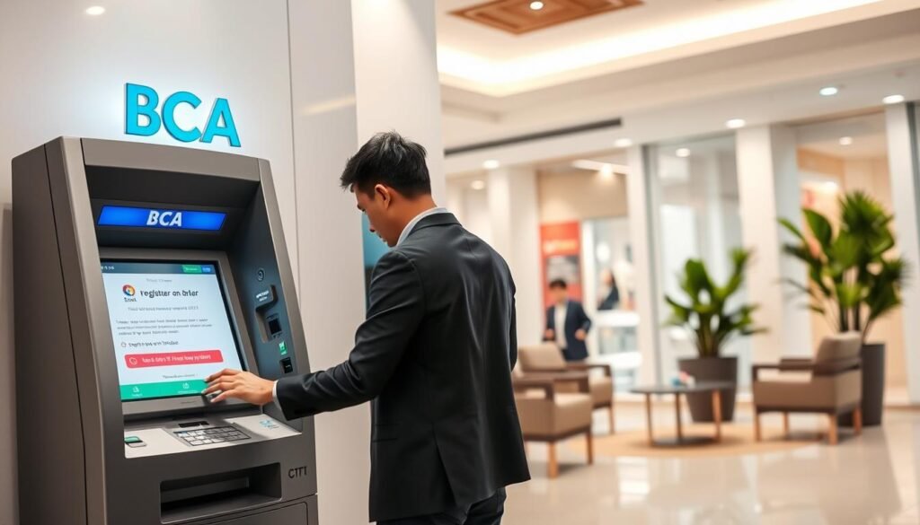 A sleek BCA ATM machine prominently displayed in a well-lit, modern bank environment. In the foreground, a user, dressed in smart casual attire, is interacting with the ATM touchscreen, focusing on the registration process. The ATM is detailed with the BCA logo, showing a clear interface of the registration screen, while the environment is clean and professional, with subtle bank colors in the decor. Soft, natural lighting fills the interior, giving an inviting and secure feel to the setting. In the background, a few potted plants and stylish furniture add to the contemporary ambiance, suggesting a comfortable banking experience. The overall mood is focused and informative, perfectly illustrating the concept of registering for m-Banking through a BCA ATM.