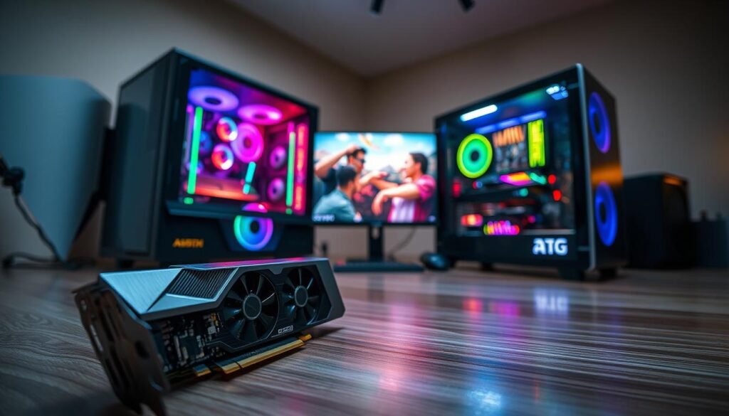 A sleek, modern computer setup showcasing hardware acceleration in action. In the foreground, a high-end graphics card glistens under subtle lighting, with intricate circuitry visible. The middle ground features a powerful gaming PC with transparent panels, illuminated by RGB lighting reflecting off a polished desk surface. In the background, a large monitor displays a vibrant gaming scene, emphasizing smooth performance. The atmosphere is dynamic and energetic, evoking a sense of advanced technology. The lighting is soft but accentuates the metallic textures, creating a professional yet captivating mood. The camera angle is slightly above eye level, capturing the immersive gaming environment without any distractions like text or logos. A sleek, modern computer setup showcasing hardware acceleration in action. In the foreground, a high-end graphics card glistens under subtle lighting, with intricate circuitry visible. The middle ground features a powerful gaming PC with transparent panels, illuminated by RGB lighting reflecting off a polished desk surface. In the background, a large monitor displays a vibrant gaming scene, emphasizing smooth performance. The atmosphere is dynamic and energetic, evoking a sense of advanced technology. The lighting is soft but accentuates the metallic textures, creating a professional yet captivating mood. The camera angle is slightly above eye level, capturing the immersive gaming environment without any distractions like text or logos.