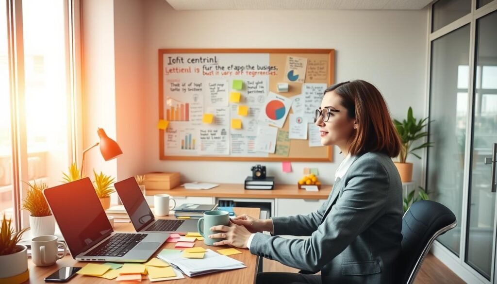 A small, well-organized workspace featuring a young entrepreneur, a woman in professional business attire, brainstorming ideas and strategies to start a low-capital business. In the foreground, she is sitting at a neatly arranged desk cluttered with colorful sticky notes, a laptop, and a coffee mug. In the middle, there's a bulletin board filled with sketches, charts, and inspiring quotes about entrepreneurship. The background shows a bright and inviting office with large windows, letting in warm sunlight that creates a vibrant and optimistic atmosphere. The image captures a sense of determination and hope, emphasizing creativity and strategy in starting a business with limited resources. The overall mood is uplifting and inspiring, focusing on the theme of innovation and accessibility in entrepreneurship. A small, well-organized workspace featuring a young entrepreneur, a woman in professional business attire, brainstorming ideas and strategies to start a low-capital business. In the foreground, she is sitting at a neatly arranged desk cluttered with colorful sticky notes, a laptop, and a coffee mug. In the middle, there's a bulletin board filled with sketches, charts, and inspiring quotes about entrepreneurship. The background shows a bright and inviting office with large windows, letting in warm sunlight that creates a vibrant and optimistic atmosphere. The image captures a sense of determination and hope, emphasizing creativity and strategy in starting a business with limited resources. The overall mood is uplifting and inspiring, focusing on the theme of innovation and accessibility in entrepreneurship.