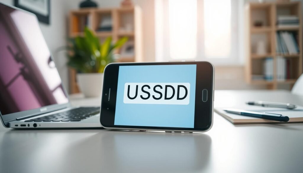 A smartphone displaying a USSD code on its screen, set against a clean, modern office desk. In the foreground, the phone is prominently featured, surrounded by a laptop and a notepad to convey a sense of tech-savvy analysis. Soft, natural lighting from a nearby window illuminates the scene, creating a professional atmosphere. In the background, blurred office elements like a potted plant and bookshelves add depth without distraction. The image exudes a sense of security and vigilance, portraying the proactive method of checking for mobile phone hacking. The focus is sharp on the phone's screen, emphasizing the USSD code while maintaining a tidy and organized workspace feel. A smartphone displaying a USSD code on its screen, set against a clean, modern office desk. In the foreground, the phone is prominently featured, surrounded by a laptop and a notepad to convey a sense of tech-savvy analysis. Soft, natural lighting from a nearby window illuminates the scene, creating a professional atmosphere. In the background, blurred office elements like a potted plant and bookshelves add depth without distraction. The image exudes a sense of security and vigilance, portraying the proactive method of checking for mobile phone hacking. The focus is sharp on the phone's screen, emphasizing the USSD code while maintaining a tidy and organized workspace feel.