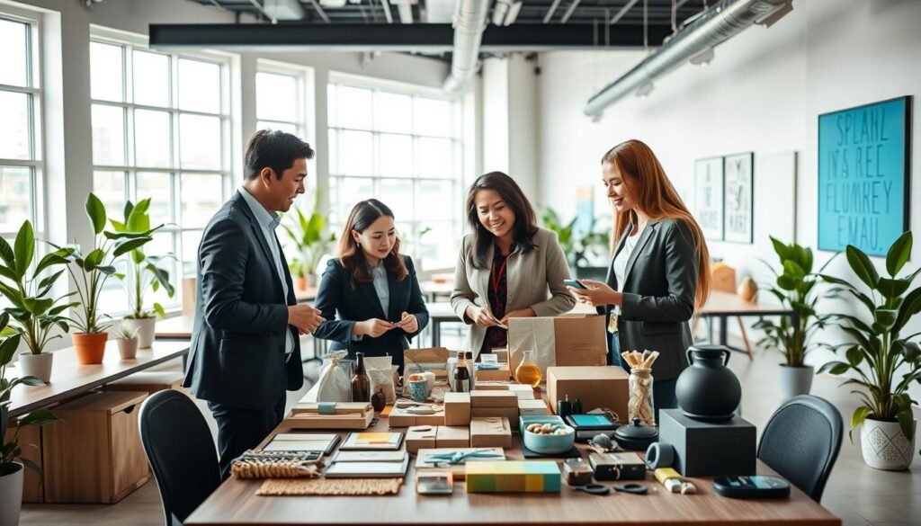 A vibrant and engaging workspace depicting "usaha produk fisik" in 2025. In the foreground, a diverse group of three entrepreneurs in professional attire, actively discussing a product prototype that combines sustainable materials and modern design. The middle showcases neatly arranged products like handmade crafts, eco-friendly packaging, and innovative gadgets on a large table, representing potential business ideas. In the background, a bright, modern office space with large windows allowing natural light to pour in, showcasing green plants and motivational art on the walls. The atmosphere is energetic and collaborative, symbolizing creativity and the spirit of entrepreneurship. Use soft focus on the entrepreneurs to emphasize the products, shot from a slightly elevated angle to capture the entire scene. A vibrant and engaging workspace depicting "usaha produk fisik" in 2025. In the foreground, a diverse group of three entrepreneurs in professional attire, actively discussing a product prototype that combines sustainable materials and modern design. The middle showcases neatly arranged products like handmade crafts, eco-friendly packaging, and innovative gadgets on a large table, representing potential business ideas. In the background, a bright, modern office space with large windows allowing natural light to pour in, showcasing green plants and motivational art on the walls. The atmosphere is energetic and collaborative, symbolizing creativity and the spirit of entrepreneurship. Use soft focus on the entrepreneurs to emphasize the products, shot from a slightly elevated angle to capture the entire scene.