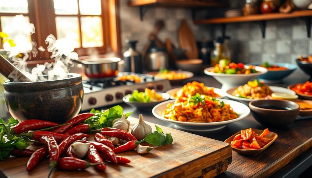 A vibrant and inviting kitchen scene showcasing various spicy Indonesian dishes being prepared. In the foreground, a wooden cutting board features fresh ingredients: bright red chilies, garlic, and aromatic herbs, surrounded by traditional cooking tools like a mortar and pestle. The middle ground reveals a stove with a bubbling pot of sambal, steam wafting up, while colorful plates of finished dishes are set nearby, beautifully garnished. In the background, sunlight streams through a window, casting warm, inviting light on the scene, enhancing the rich colors of the food. The atmosphere is lively and warm, conveying a sense of culinary passion and the joy of cooking spicy food. The image should evoke a sense of appetite and inspiration for creating delicious spicy meals.