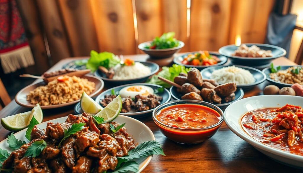 A vibrant and lush table filled with a variety of popular Indonesian spicy dishes. In the foreground, showcase a beautifully presented plate of Rendang, with its rich brown color and aromatic herbs. Next to it, a bowl of Sambal, bright red and inviting, surrounded by lime wedges and fresh vegetables. In the middle ground, include plates of Sate with grilled skewers, Nasi Goreng with its colorful toppings, and a serving of Ayam Penyet, all artfully arranged. The background features a rustic wooden setting with Indonesian traditional textiles, softly illuminated by warm, natural lighting that creates a welcoming atmosphere. The image should evoke a sense of culinary adventure and cultural richness, inviting the viewer to explore the delicious flavors of Indonesia.