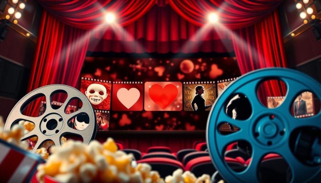A vibrant digital collage showcasing a variety of movie genres. In the foreground, prominent cinematic elements like a film reel and popcorn. In the middle, classic genre symbols, such as a horror mask, a sci-fi spaceship, a romantic heart, and an action hero silhouette, artfully arranged around a traditional cinema screen displaying abstract film clips. The background features a stylized theater with red velvet curtains and dim lighting that sets an inviting mood. The scene captures the essence of a bustling movie atmosphere, with soft beams of light highlighting each genre symbol. The perspective is from slightly below the screen, simulating a viewer's gaze. The overall composition evokes excitement and anticipation, perfect for exploring recommended films. A vibrant digital collage showcasing a variety of movie genres. In the foreground, prominent cinematic elements like a film reel and popcorn. In the middle, classic genre symbols, such as a horror mask, a sci-fi spaceship, a romantic heart, and an action hero silhouette, artfully arranged around a traditional cinema screen displaying abstract film clips. The background features a stylized theater with red velvet curtains and dim lighting that sets an inviting mood. The scene captures the essence of a bustling movie atmosphere, with soft beams of light highlighting each genre symbol. The perspective is from slightly below the screen, simulating a viewer's gaze. The overall composition evokes excitement and anticipation, perfect for exploring recommended films.