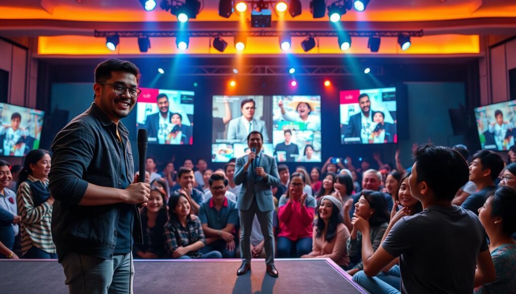 A vibrant, engaging scene depicting an Indonesian streaming platform for comedy. In the foreground, a cheerful host in professional casual clothing stands on a stage, holding a microphone, surrounded by a lively, diverse audience laughing and enjoying the show. In the middle, colorful screens display snippets of popular comedy clips, showcasing the fun atmosphere. The background features a stylish, modern set design with bright lights illuminating the scene, casting a warm, inviting glow. The angle is slightly elevated, providing a dynamic perspective of the event, emphasizing the joy and camaraderie of viewers enjoying Indonesian comedy. The mood is lighthearted and festive, capturing the essence of viral humor that brings people together.