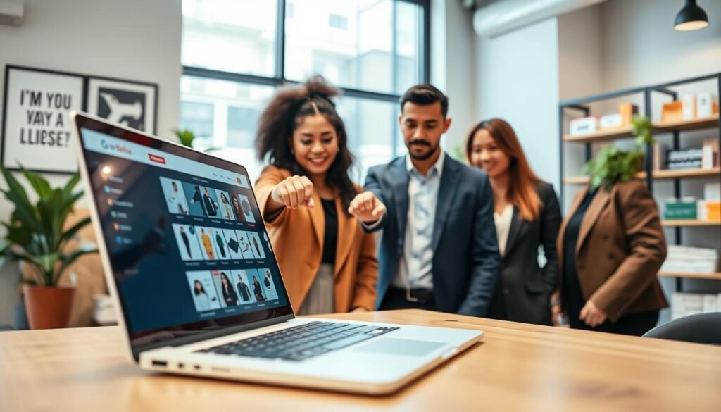 A vibrant online sales platform scene featuring a modern, user-friendly e-commerce website interface displayed on a sleek laptop. In the foreground, a diverse group of three professionals in smart casual attire are discussing strategy, pointing at the screen with enthusiasm. The middle ground showcases a stylish office workspace, with a large window letting in natural light, plants, and motivational artwork on the walls. In the background, a soft focus reveals shelves stocked with various products, symbolizing the range of items available on the platform. The atmosphere is energetic and collaborative, emphasizing innovation in online business. The lighting is bright and inviting, capturing a sense of opportunity and professionalism. A vibrant online sales platform scene featuring a modern, user-friendly e-commerce website interface displayed on a sleek laptop. In the foreground, a diverse group of three professionals in smart casual attire are discussing strategy, pointing at the screen with enthusiasm. The middle ground showcases a stylish office workspace, with a large window letting in natural light, plants, and motivational artwork on the walls. In the background, a soft focus reveals shelves stocked with various products, symbolizing the range of items available on the platform. The atmosphere is energetic and collaborative, emphasizing innovation in online business. The lighting is bright and inviting, capturing a sense of opportunity and professionalism.