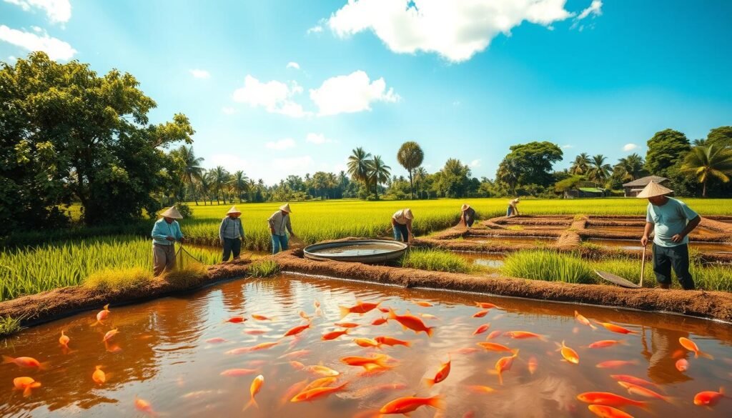 A vibrant scene depicting a rural catfish farming setting, showcasing a lush village landscape. In the foreground, a group of farmers, dressed in modest casual clothing, are actively tending to their catfish ponds, using nets and feeding the fish. The middle ground features several well-maintained ponds glistening under the warm, golden sunlight, with fish jumping playfully. Surrounding the ponds are green rice paddies and lush trees, embodying the essence of a thriving village economy. In the background, a clear blue sky with a few fluffy clouds adds to a serene atmosphere. The lighting is soft yet bright, enhancing the colors of the foliage and water. Capture this scene from a slightly elevated angle to give a comprehensive view of the activity and environment, promoting a sense of harmony and prosperity.