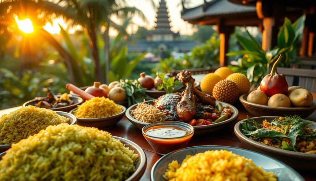 A vibrant spread of traditional Javanese and Balinese cuisine elegantly arranged on a wooden table. In the foreground, bright green rice grains of Nasi Gudeg, fragrant yellow rice, and colorful vegetable dishes like Urap and Lawar showcase the rich flavors. In the middle, beautifully presented Ayam Betutu, marinated in spices, sits beside a small bowl of sambal, glistening with fresh herbs. Balinese fruit offerings, such as salak and rambutan, add color and texture. The background features lush tropical foliage and a hint of a traditional Balinese temple, bathed in warm, golden sunset light to create an inviting atmosphere. Capture the essence of culinary art with a shallow depth of field, focusing intently on the food while softly blurring the background, evoking a sense of cultural richness and heritage.