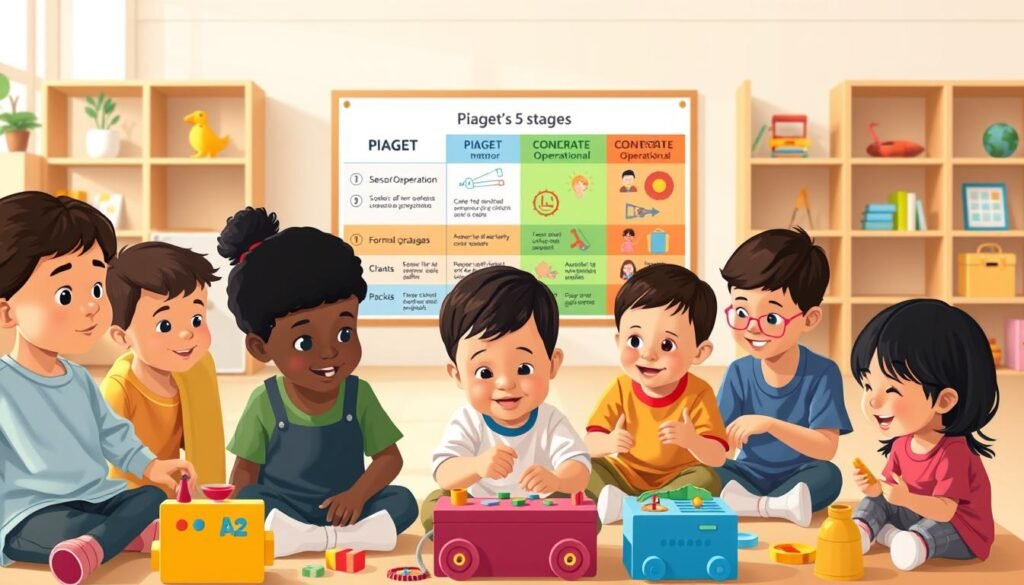 A visually engaging illustration depicting the stages of cognitive development according to Piaget. In the foreground, a diverse group of children of various ages, dressed in casual but modest clothing, interact with different educational toys symbolizing Piaget's stages: sensorimotor, preoperational, concrete operational, and formal operational. In the middle ground, a colorful chart outlining each of Piaget's stages is displayed, with playful visual elements representing key characteristics of each phase. The background features a bright, inviting classroom environment with soft, natural lighting illuminating the space, creating a warm and supportive atmosphere. The overall mood is one of curiosity and exploration, highlighting the joy of learning and growth in children's cognitive development. A visually engaging illustration depicting the stages of cognitive development according to Piaget. In the foreground, a diverse group of children of various ages, dressed in casual but modest clothing, interact with different educational toys symbolizing Piaget's stages: sensorimotor, preoperational, concrete operational, and formal operational. In the middle ground, a colorful chart outlining each of Piaget's stages is displayed, with playful visual elements representing key characteristics of each phase. The background features a bright, inviting classroom environment with soft, natural lighting illuminating the space, creating a warm and supportive atmosphere. The overall mood is one of curiosity and exploration, highlighting the joy of learning and growth in children's cognitive development.