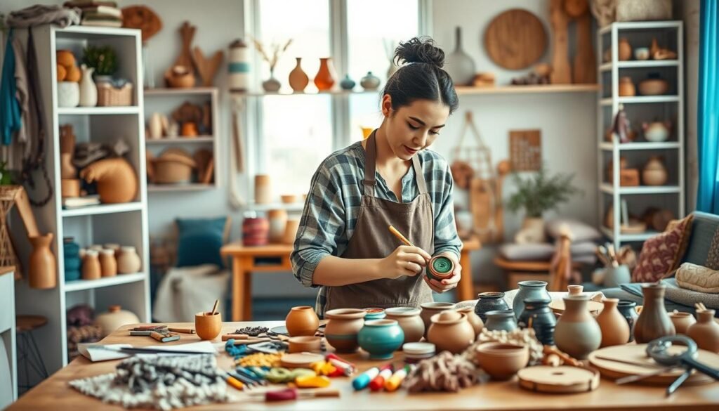 A warm and inviting home workspace showcases a variety of handcrafted products, emphasizing the theme of home-based crafts. In the foreground, an artisan, dressed in casual yet professional attire, is seen skillfully painting vibrant ceramic pots and arranging handmade textiles. The middle scene features a beautifully organized wooden table cluttered with tools, colorful threads, and unfinished crafts. In the background, idealized shelves display a diverse selection of finished products like knitted items, pottery, and natural wood crafts, all bathed in soft, natural lighting that creates a cozy atmosphere. The angle captures the artisan's focused expression, highlighting creativity and dedication. The overall mood is encouraging and inspiring, illustrating the potential of home-based business opportunities in crafting. A warm and inviting home workspace showcases a variety of handcrafted products, emphasizing the theme of home-based crafts. In the foreground, an artisan, dressed in casual yet professional attire, is seen skillfully painting vibrant ceramic pots and arranging handmade textiles. The middle scene features a beautifully organized wooden table cluttered with tools, colorful threads, and unfinished crafts. In the background, idealized shelves display a diverse selection of finished products like knitted items, pottery, and natural wood crafts, all bathed in soft, natural lighting that creates a cozy atmosphere. The angle captures the artisan's focused expression, highlighting creativity and dedication. The overall mood is encouraging and inspiring, illustrating the potential of home-based business opportunities in crafting.