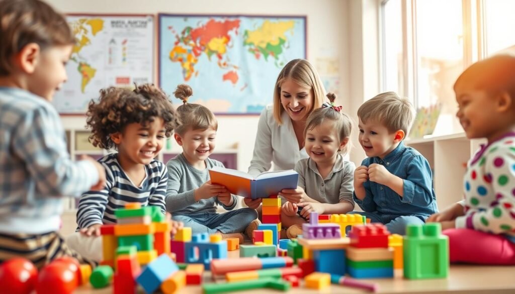An educational scene depicting the four essential criteria of child development, featuring a diverse group of children engaged in various activities that showcase physical, cognitive, emotional, and social growth. In the foreground, a cheerful classroom with children aged 4 to 6 interacting with colorful educational toys, building blocks, and books. In the middle ground, a nurturing teacher is guiding them, dressed in professional attire, encouraging collaboration and communication. The background displays a vibrant map on the wall and large windows letting in natural sunlight, creating a warm and inviting atmosphere. Aim for a soft focus for a dreamy effect, with an emphasis on joyful expressions and engaging actions, encapsulating the essence of healthy child development. An educational scene depicting the four essential criteria of child development, featuring a diverse group of children engaged in various activities that showcase physical, cognitive, emotional, and social growth. In the foreground, a cheerful classroom with children aged 4 to 6 interacting with colorful educational toys, building blocks, and books. In the middle ground, a nurturing teacher is guiding them, dressed in professional attire, encouraging collaboration and communication. The background displays a vibrant map on the wall and large windows letting in natural sunlight, creating a warm and inviting atmosphere. Aim for a soft focus for a dreamy effect, with an emphasis on joyful expressions and engaging actions, encapsulating the essence of healthy child development.