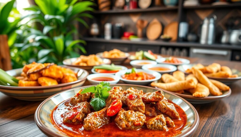 An enticing spread of traditional Sumateran cuisine, featuring iconic dishes like Rendang, Tumpeng, and Pempek, arranged elegantly on a beautiful wooden table. In the foreground, a vibrant plate of spicy Rendang with rich textures, garnished with fresh herbs. Beside it, golden-brown Pempek served with a sweet and spicy sauce. The middle ground displays a colorful array of side dishes including fresh vegetables and sambal. In the background, lush green foliage and a rustic kitchen setting softly blurred, creating a warm and inviting atmosphere. Soft, natural light filters through, casting gentle shadows and highlighting the details of each dish. The overall mood is festive and cultural, celebrating the rich culinary heritage of Sumatera.