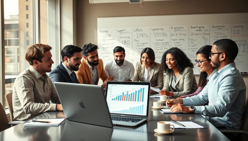A diverse group of business professionals, including men and women of various ethnic backgrounds, collaborating around a sleek conference table, analyzing graphs and documents depicting business growth. In the foreground, a laptop displaying financial data is open, surrounded by notebooks and coffee cups, symbolizing productivity and focus. The middle ground features a large window letting in soft, natural light, illuminating their engaged expressions and emphasizing teamwork. In the background, a whiteboard is filled with brainstorming ideas and strategies for business support and resources. The overall atmosphere is one of determination and optimism, suggesting a proactive approach to overcoming challenges in business development. The scene is captured with a warm color palette and a slight depth of field to emphasize the professionals' interactions.