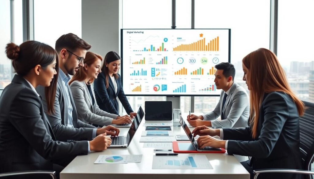 A professional business scene illustrating digital marketing strategies for small and medium enterprises (SMEs). In the foreground, a diverse group of business professionals in smart attire collaborate around a modern conference table, analyzing data on laptops and digital tablets. The middle ground features a large screen displaying colorful graphs, social media icons, and analytical charts that highlight digital marketing trends. The background includes a cityscape view through large windows, symbolizing growth and opportunity. Soft, natural lighting illuminates the space, creating an inspiring atmosphere focused on teamwork and innovation. The composition emphasizes engagement and strategy, embodying a proactive approach to enhancing competitiveness in the digital landscape.