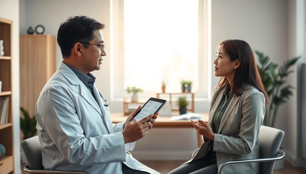 A serene consultation scene in a modern doctor's office, focused on a doctor and a patient discussing uric acid issues. In the foreground, the doctor, a middle-aged Asian male in a crisp white coat, is attentively explaining health concerns to a female patient, an Asian woman in smart casual attire. The doctor holds a tablet displaying dietary guidelines. In the middle, the office is equipped with a desk cluttered with natural herbal remedies, books on diet, and a calming plant nearby. The background features a large window letting in soft natural light, casting a warm glow. The overall mood is professional and caring, emphasizing trust and understanding, with a color palette of soft greens and warm neutrals. A serene consultation scene in a modern doctor's office, focused on a doctor and a patient discussing uric acid issues. In the foreground, the doctor, a middle-aged Asian male in a crisp white coat, is attentively explaining health concerns to a female patient, an Asian woman in smart casual attire. The doctor holds a tablet displaying dietary guidelines. In the middle, the office is equipped with a desk cluttered with natural herbal remedies, books on diet, and a calming plant nearby. The background features a large window letting in soft natural light, casting a warm glow. The overall mood is professional and caring, emphasizing trust and understanding, with a color palette of soft greens and warm neutrals.