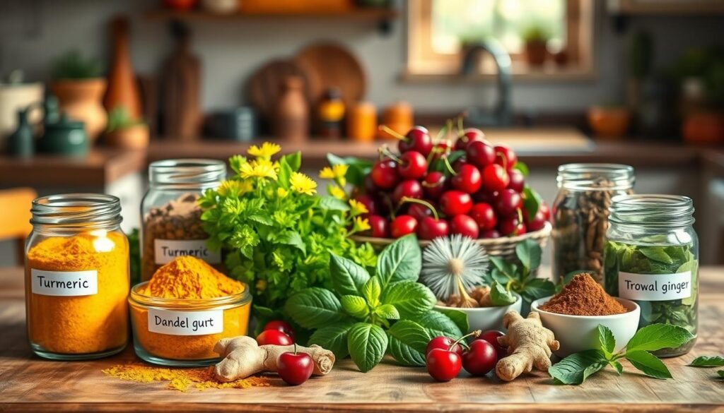 A visually appealing and informative table showcasing a variety of natural ingredients beneficial for managing gout, prominently featuring herbs like turmeric, ginger, and dandelion root, along with visual representations of cherries and leafy greens. The foreground should display a wooden table with jars and small bowls of the herbs artistically arranged, each with labels for clarity. In the middle, bright green plants and colorful fruits should be artistically blended, providing a vibrant, fresh atmosphere. In the background, a softly blurred rustic kitchen scene reveals natural light streaming through a window, casting gentle shadows. The mood should evoke a sense of wellness and natural remedy, perfect for a health-focused article on traditional herbal treatments. Use warm and inviting lighting to enhance the colors and textures. A visually appealing and informative table showcasing a variety of natural ingredients beneficial for managing gout, prominently featuring herbs like turmeric, ginger, and dandelion root, along with visual representations of cherries and leafy greens. The foreground should display a wooden table with jars and small bowls of the herbs artistically arranged, each with labels for clarity. In the middle, bright green plants and colorful fruits should be artistically blended, providing a vibrant, fresh atmosphere. In the background, a softly blurred rustic kitchen scene reveals natural light streaming through a window, casting gentle shadows. The mood should evoke a sense of wellness and natural remedy, perfect for a health-focused article on traditional herbal treatments. Use warm and inviting lighting to enhance the colors and textures.
