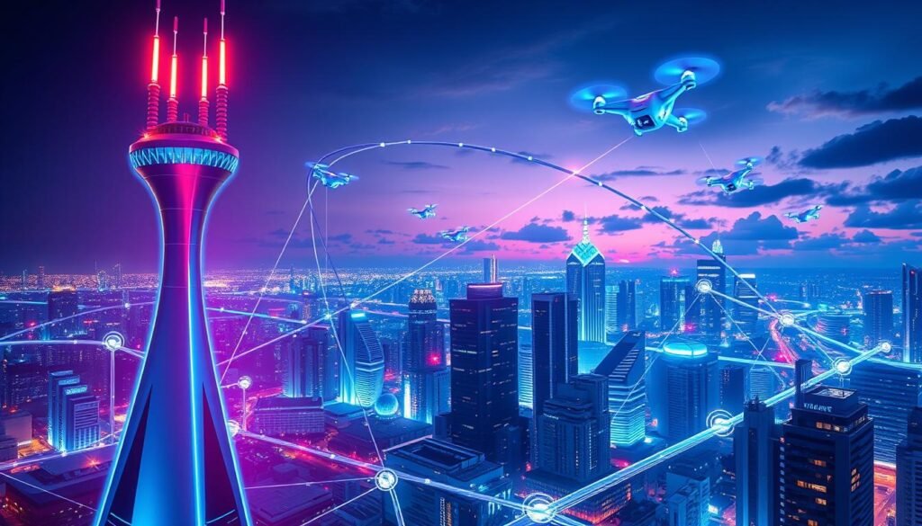 An advanced cityscape illustrating the concept of "5G connectivity revolution." In the foreground, a sleek, futuristic tower with glowing antennas symbolizing 5G technology. Connected devices like smartphones and drones float around, emitting vibrant light trails to represent fast data transfer. In the middle ground, modern urban buildings are interconnected with glowing fiber optic cables, enhancing the sense of connectivity. The background showcases a twilight sky with digital clouds, hinting at the Internet of Things (IoT). The lighting is bright and futuristic, with neon hues of blue and purple creating a dynamic atmosphere. The angle is slightly elevated, providing a sweeping city view, evoking a sense of advancement and innovation. The overall mood is energetic and hopeful, highlighting the transformative power of 5G technology.